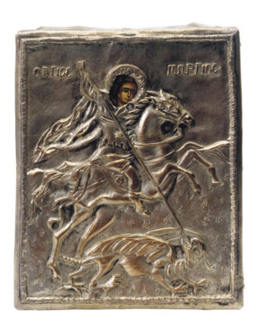 A GREEK SILVER METAL-MOUNTED ICON OF ST. GEORGE,