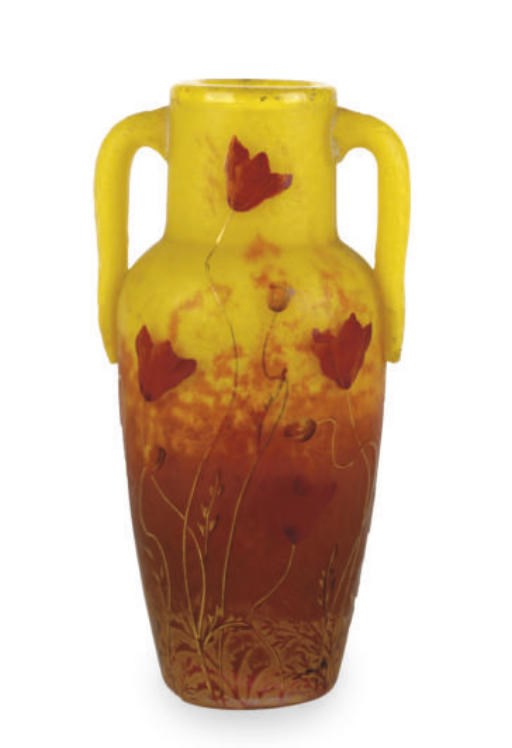 A FRENCH ENAMELED TWO-HANDLED POPPY VASE,