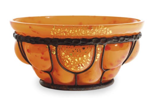 A FRENCH INTERNALLY-DECORATED GLASS AND WROUGHT IRON BOWL,
