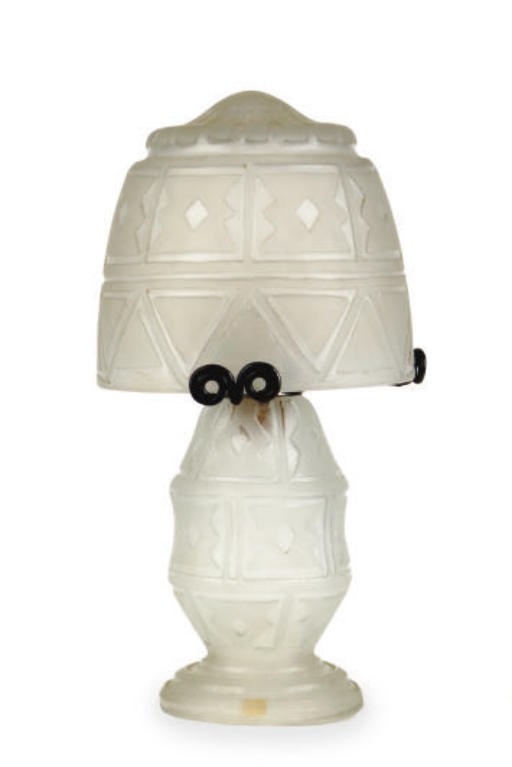 A FRENCH ACID-ETCHED GLASS AND SILVERED-BRONZE BOUDOIR LAMP,