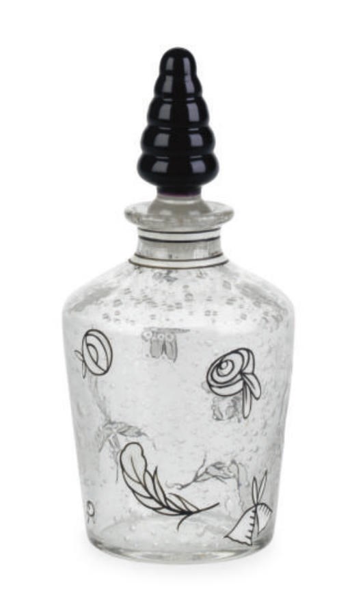 A FRENCH INTERNALLY-DECORATED ENAMELED GLASS SCENT BOTTLE AND STOPPER,
