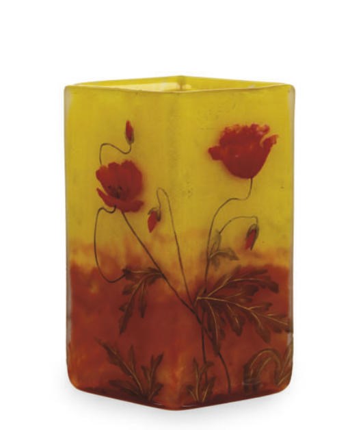 A FRENCH ENAMELED CAMEO GLASS POPPY VASE,