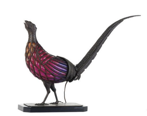 A FRENCH INTERNALLY-DECORATED GLASS AND WROUGHT IRON TABLE LAMP,