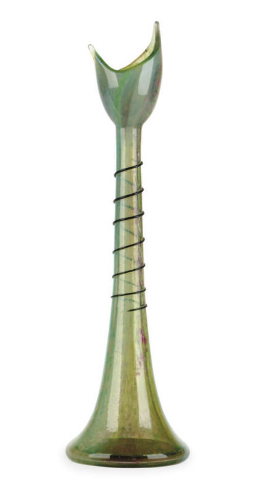 A FRENCH INTERNALLY-DECORATED GLASS VASE WITH APPLIED DECORATION,