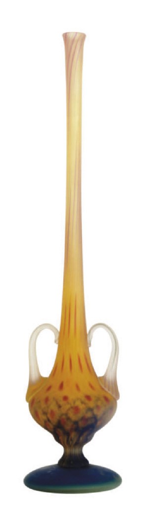 A FRENCH INTERNALLY-DECORATED TWO-HANDLED BUD VASE,
