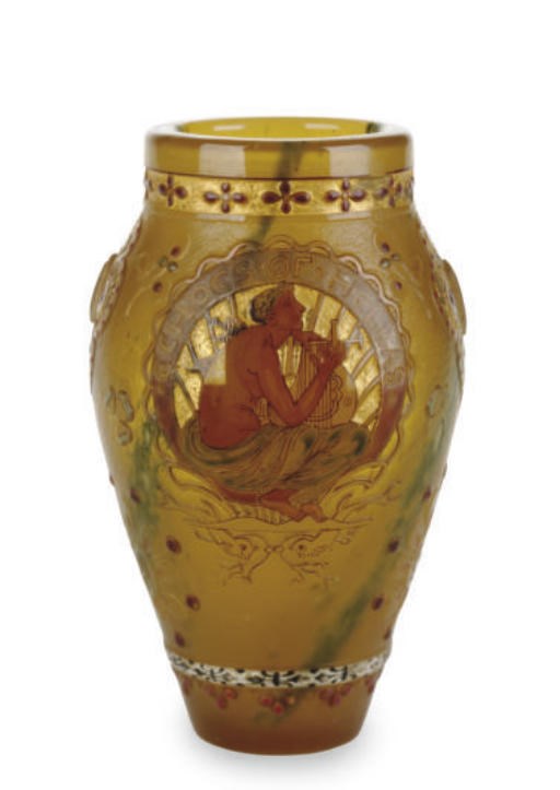 A FRENCH ENAMELED GLASS VASE,