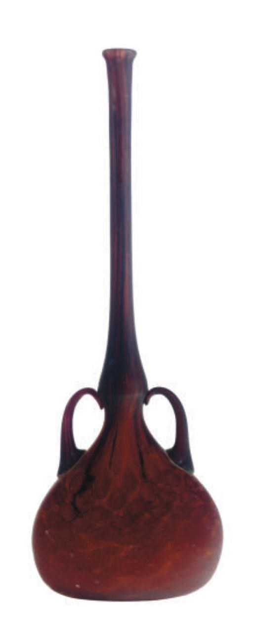A FRENCH INTERNALLY-DECORATED TWO-HANDLED BUD VASE,