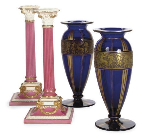 A PAIR OF BOHEMIAN COBALT GLASS OVULAR-SHAPED VASES,