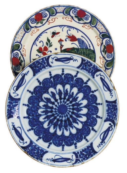TWO DUTCH DELFT BLUE AND WHITE CHARGERS AND TWO POLYCHROME CHARGERS,