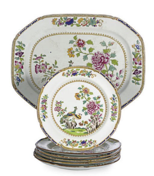AN ASSEMBLED ENGLISH STONE CHINA CHINOISSERIE PART DINNER SERVICE,