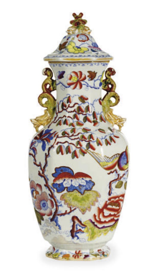 AN ENGLISH IRONSTONE OCTAGONAL BALUSTER VASE AND COVER,