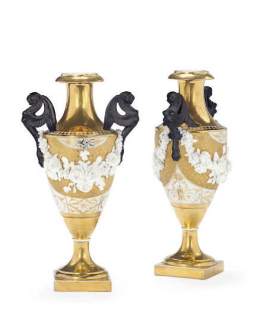 A PAIR OF PARIS GOLD-GROUND AND BISCUIT FLOWER-ENCRUSTED VASES*