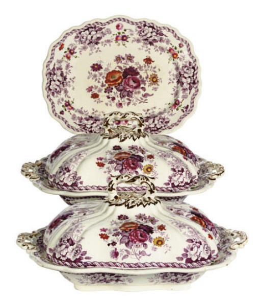 TWO ENGLISH CERAMIC PURPLE TRANSFER-PRINTED VEGETABLE DISHES AND COVERS AND A PLATTER IN THE 'EMERALD FLOWERS' PATTERN,
