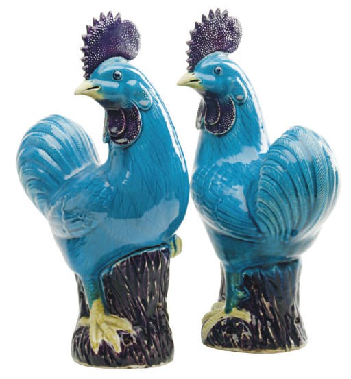 A PAIR OF CHINESE EXPORT TURQUOISE-GLAZED ROOSTERS,