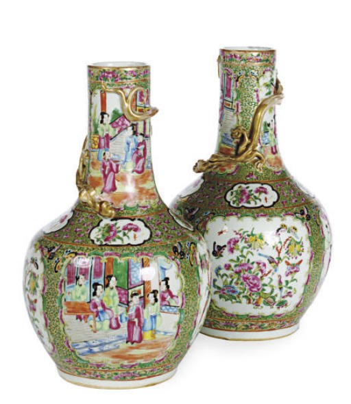 A PAIR OF CHINESE ROSE MEDALLION BOTTLE VASES WITH APPLIED GILT DRAGONS,