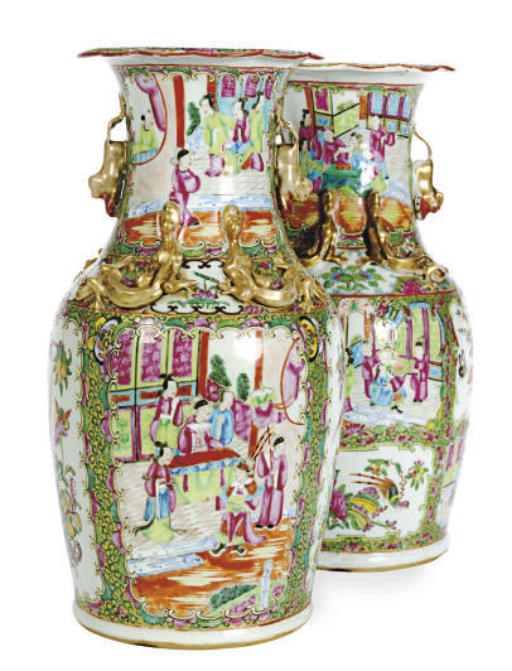 TWO CHINESE EXPORT ROSE MEDALLION VASES WITH APPLIED DRAGON-SHAPED HANDLES,