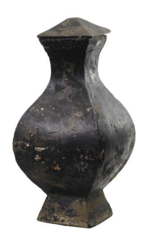 A HAN STYLE BLACK PAINTED SQUARE VASE AND COVER