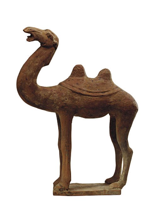 A CHINESE POTTERY FIGURE OF A CAMEL,
