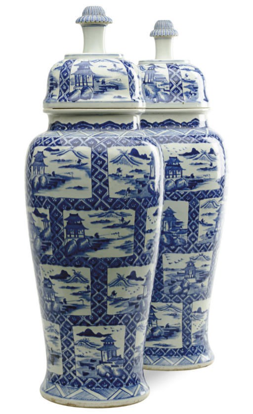 A PAIR OF CHINESE PORCELAIN BLUE AND WHITE MEIPING VASES AND COVERs,