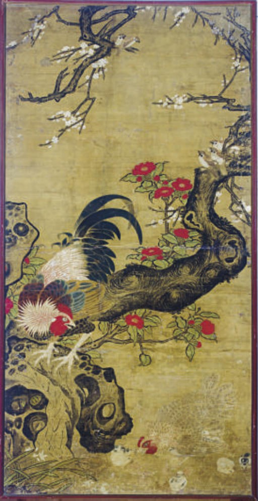 A PAIR OF CHINESE HANGING SCROLL FRAGMENTS OF COCKERELS,