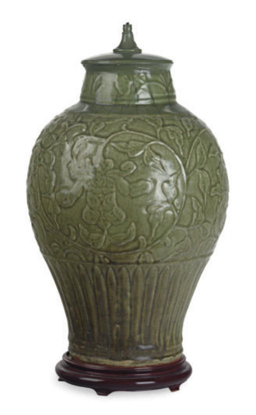 A CHINESE CELADON TRUNCATED BALUSTER VASE MOUNTED AS A LAMP,
