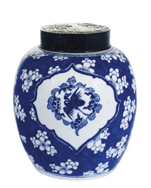 A CHINESE PORCELAIN BLUE AND WHITE GINGER JAR AND ASSOCIATED JAPANESE SILVER METAL COVER,