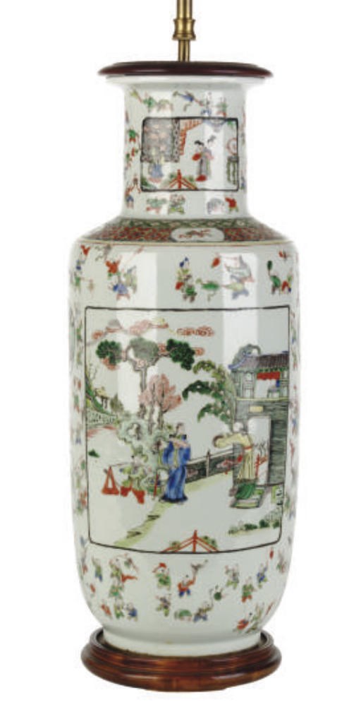 A CHINESE PORCELAIN FAMILLE VERTE ROULEAU VASE MOUNTED AS A LAMP,