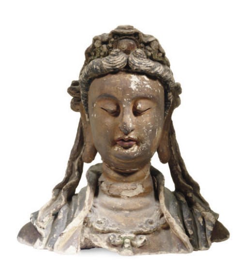 A CHINESE POLYCHROME-PAINTED WOOD BUST OF A BODHISATTVA