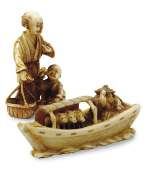TWO IVORY JAPANESE NETSUKE,**