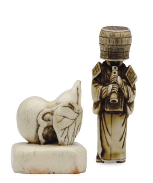 A JAPANESE IVORY NETSUKE AND A SEAL NETSUKE,**