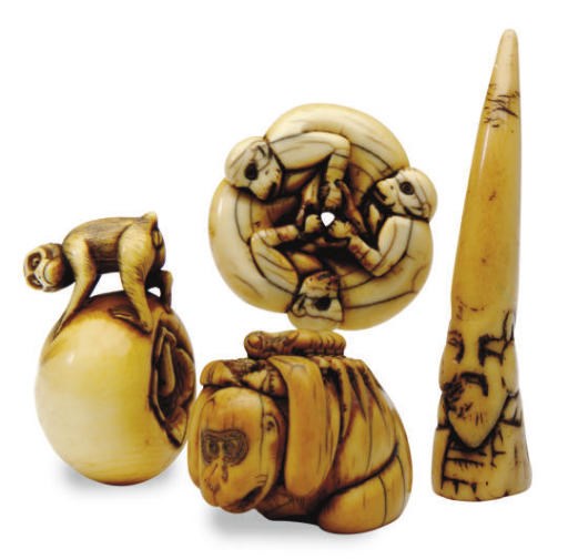 THREE JAPANESE IVORY AND A STAGHORN NETSUKE,**