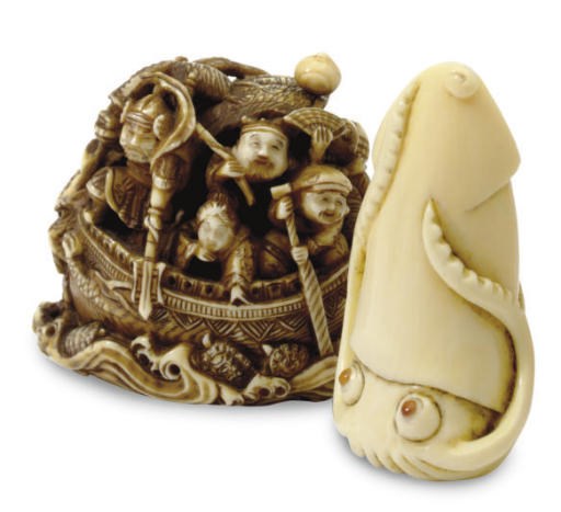 A JAPANESE IVORY NETSUKE AND A MARINE IVORY NETSUKE,**