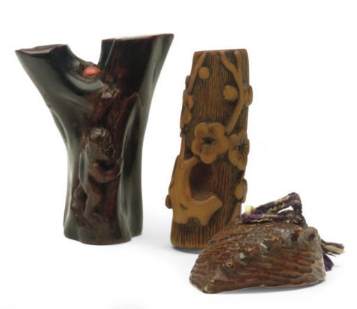 A JAPANESE WOOD NETSUKE, AN UNIMATSU (CORAL) NETSUKE, AND AN IVORY NETSUKE,**