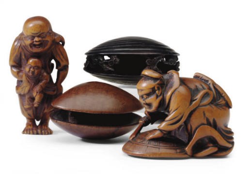 FOUR JAPANESE WOOD NETSUKE,**