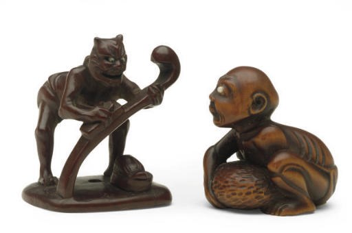 TWO WOOD JAPANESE NETSUKE,**