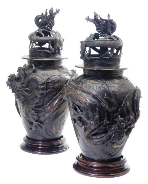 A PAIR OF JAPANESE BRONZE CENSERS AND COVERS,