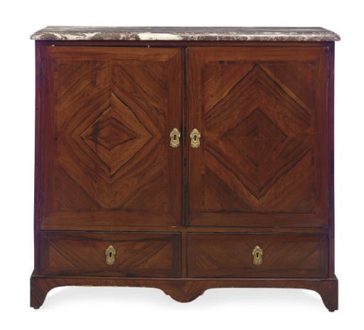 A NORTH EUROPEAN GILT-METAL MOUNTED ROSEWOOD MARBLE TOP SIDE CABINET**,