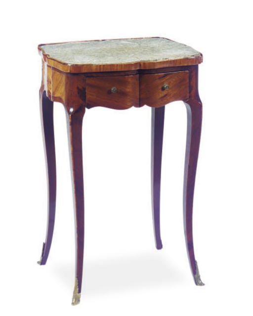 A FRENCH TULIPWOOD, MAHOGANY AND MARBLE SIDE TABLE,