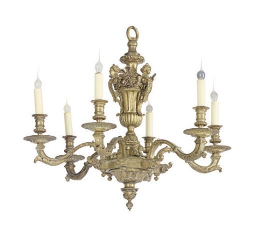 A CONTINENTAL GILT-BRONZE SIX-LIGHT CHANDELIER,