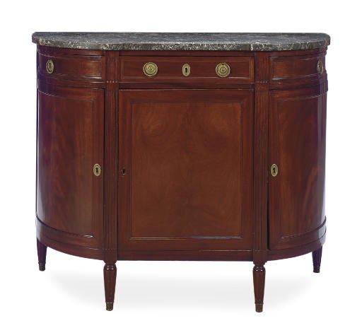 A FRENCH MAHOGANY AND MARBLE TOP SIDE CABINET,