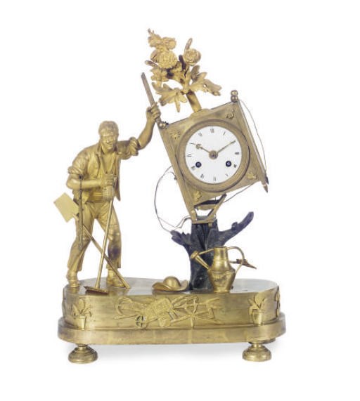 A CHARLES X PATINATED AND GILT-BRONZE FIGURAL MANTLE CLOCK,