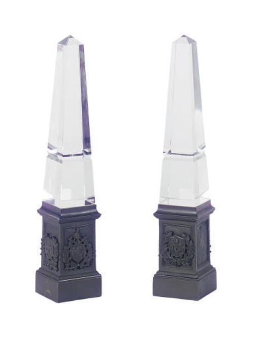 A PAIR OF GLASS AND BRONZE OBELISKS,