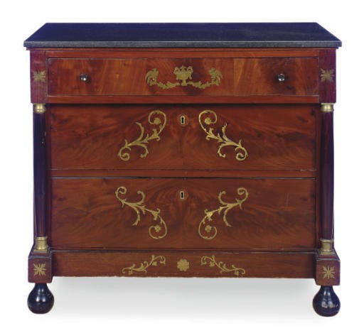 A CONTINENTAL BRASS-INLAID MAHOGANY AND PART-EBONIZED CHEST OF DRAWERS,