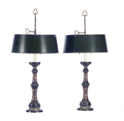 A PAIR OF CLOISONNE ENAMEL CANDLE HOLDERS MOUNTED AS LAMPS,