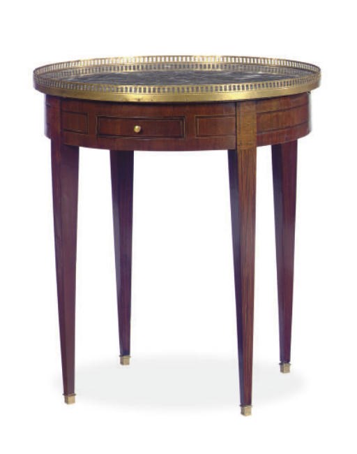 A FRENCH BRASS-MOUNTED MAHOGANY AND MARBLE BOUILLOTTE TABLE,