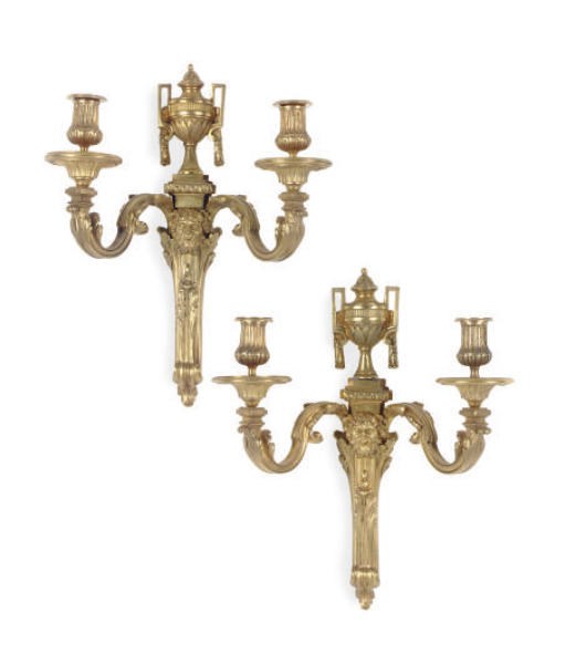 A PAIR OF GILT-BRONZE TWO-BRANCH WALL LIGHTS,