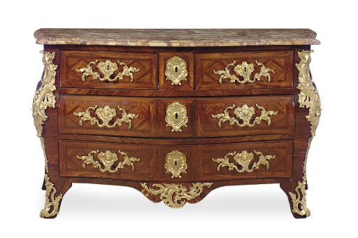 AN EARLY LOUIS XV ORMOLU-MOUNTED KINGWOOD, TULIPWOOD AND CROSSBANDED SERPENTINE BOMBE COMMODE,