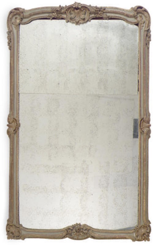 A CONTINENTAL GREY-PAINTED AND PARCEL-GILT MIRROR,