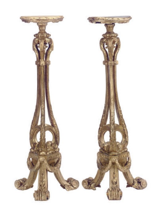 A PAIR OF ENGLISH GILTWOOD TORCHERES,