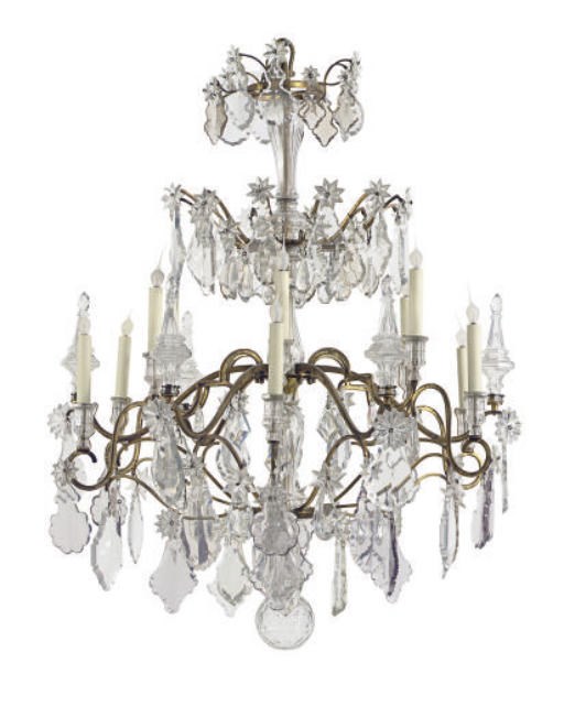 A GILT-METAL AND CUT-GLASS TWELVE-LIGHT CHANDELIER,